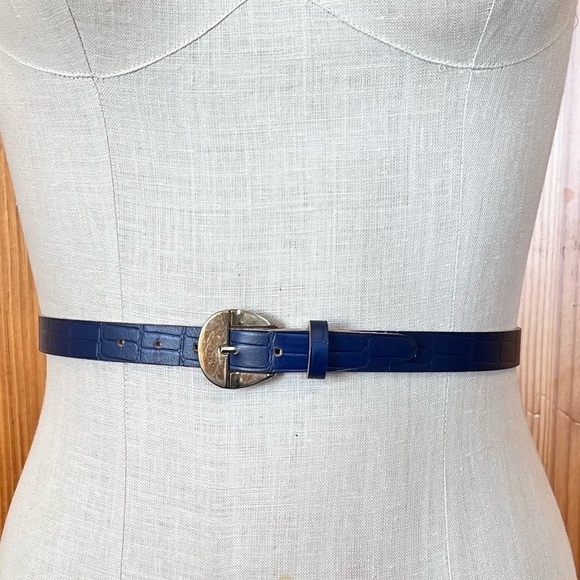 Vintage Faux Leather Blue Thin Belt Faux Alligator Print Classic Chic Retro main image 6